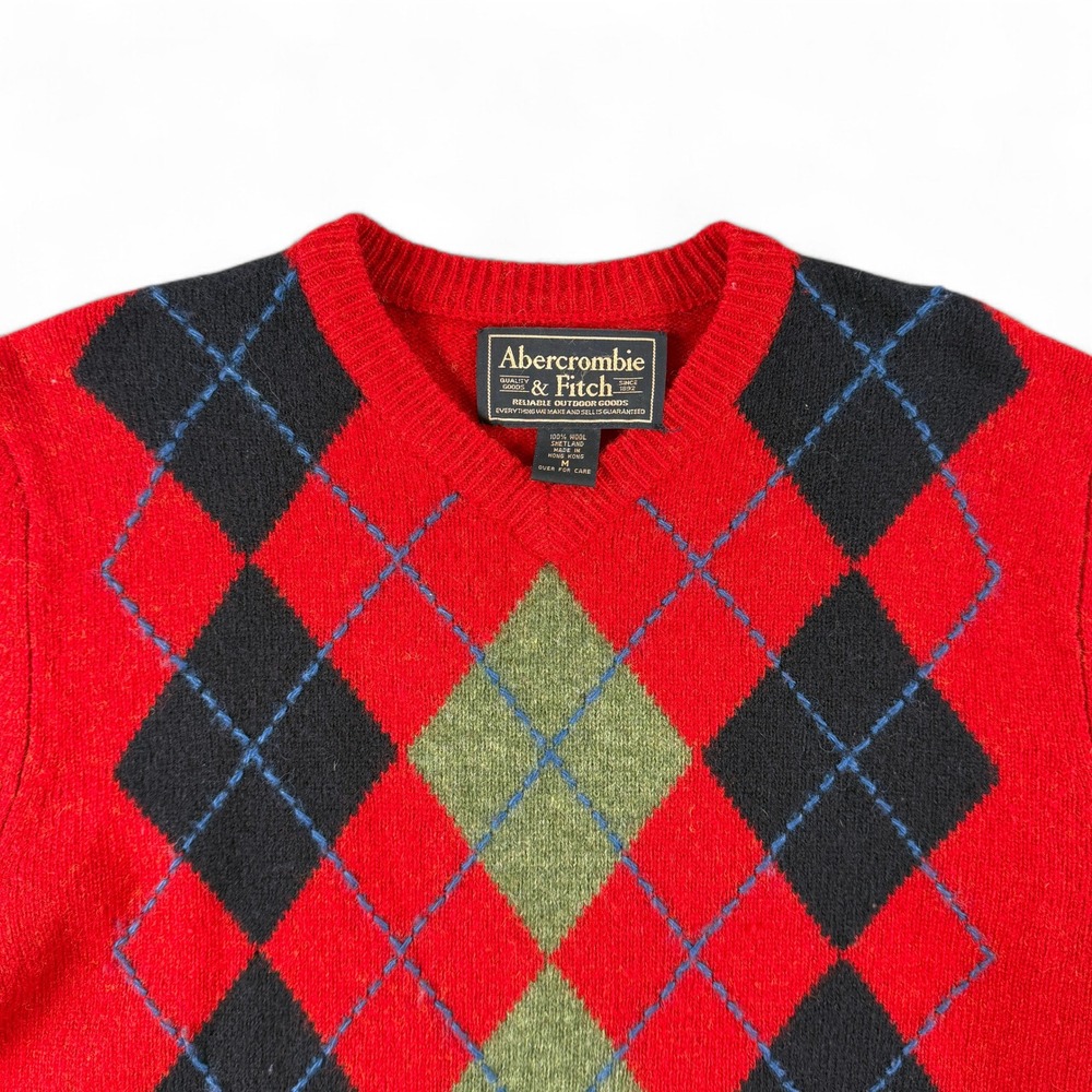 Vintage Abercrombie &‎ Fitch Sweater Mens M Red Argyle Crewneck Wool Long Sleeve - Picture 2 of 6